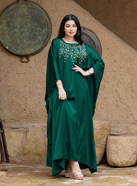 中东晚礼服优雅度假长袍时尚钉珠绿色big size派对晚礼服连衣裙
