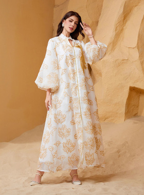 中东沙特阿拉伯服饰民族风白色仙女裙晚礼服泡泡袖连衣裙dresses