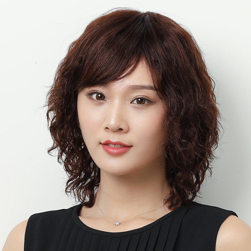 假发短发女全真自然妈妈短卷发真人发丝中年女式时尚中长发全头套