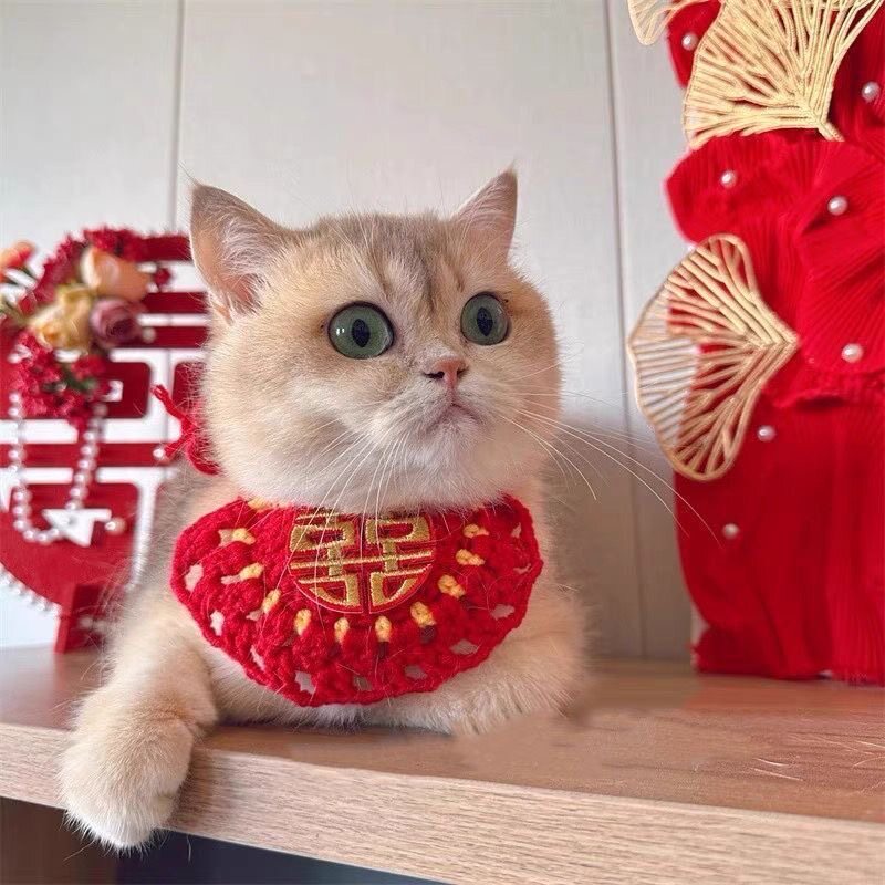 可爱双喜图案宠物装饰围巾,喜庆脖子围脖猫咪围脖结婚