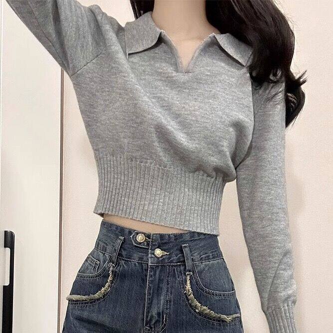 灰色Polo领针织衫女秋冬修身显瘦大衣内搭打底衫毛衣短款洋气上衣