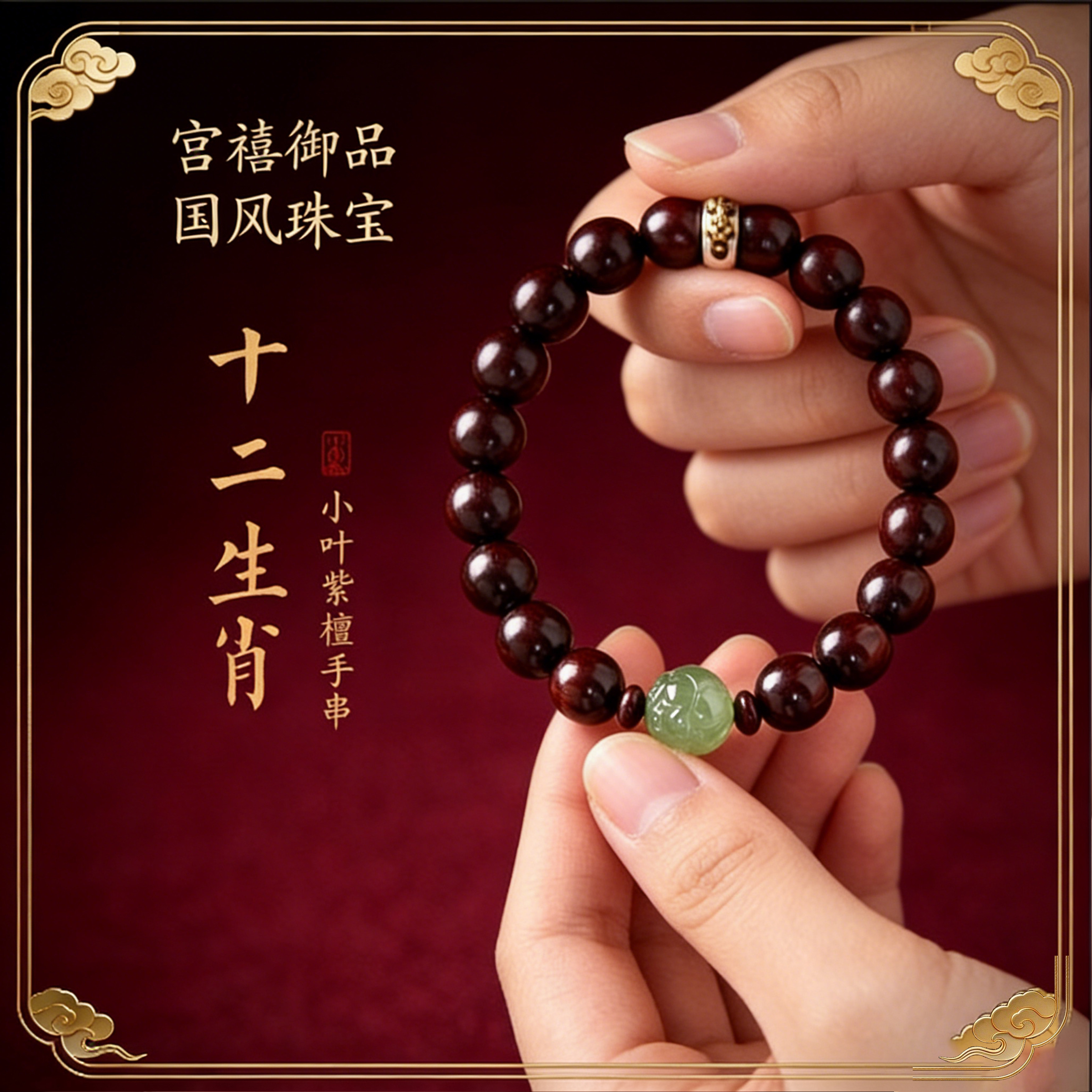 宫禧御品 |十二生肖本命佛紫檀手串男女和田玉隔珠文玩檀香木手链