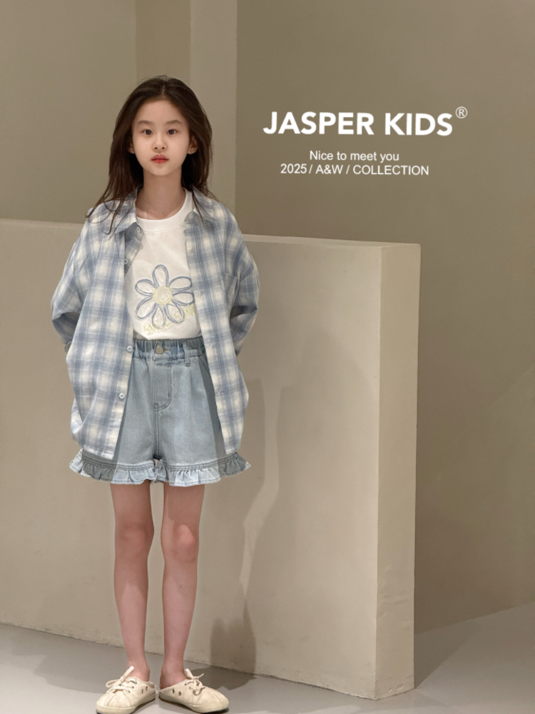 Jasper kids韩版2025夏款女童格子防晒衬衫中大童百搭外套