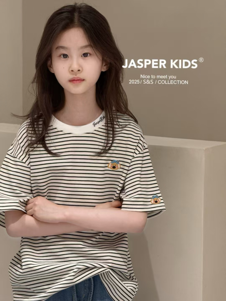 Jasper kids韩版2025夏款女童卡通刺绣短袖T恤中大童百搭条纹打底
