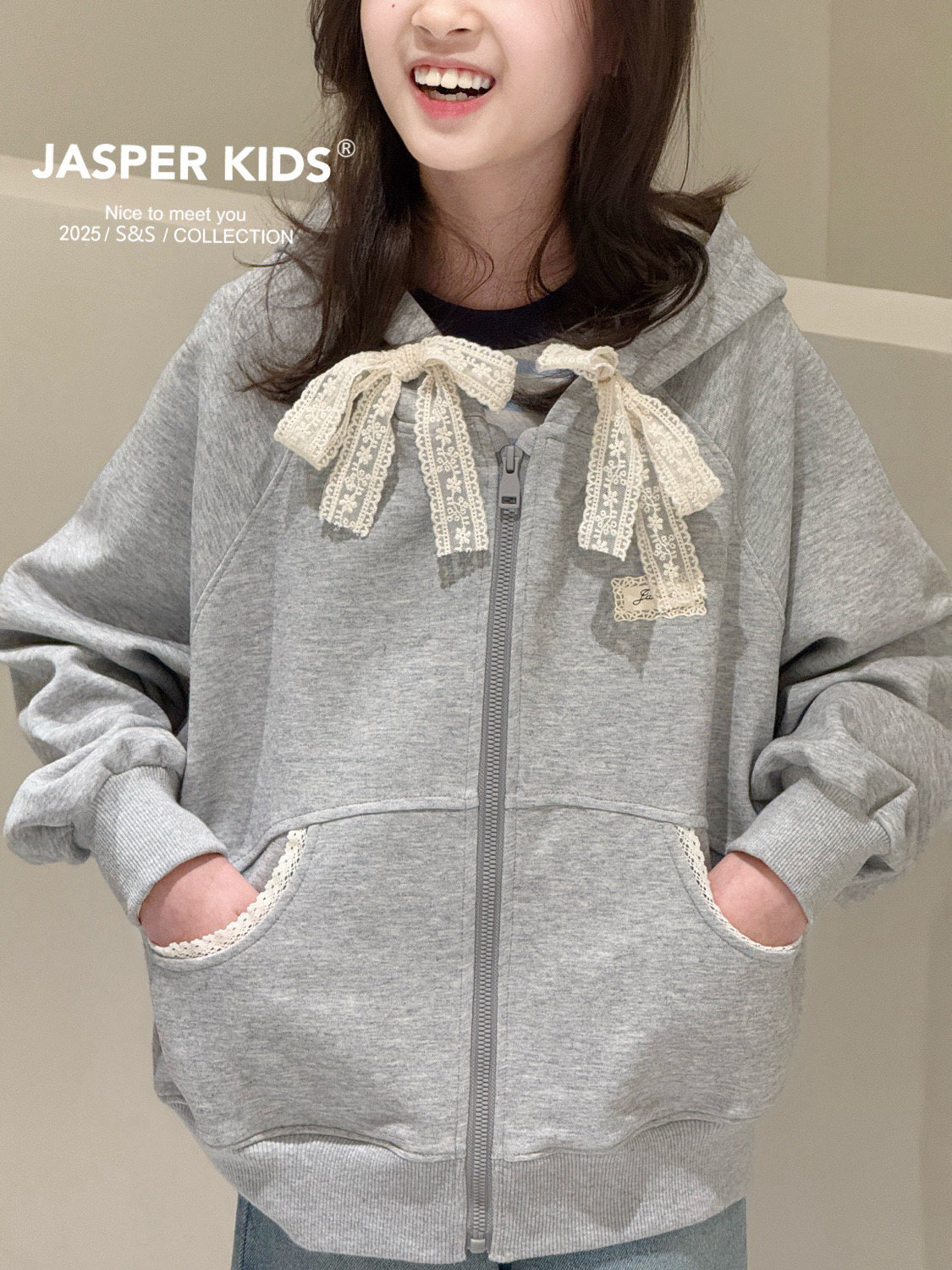 Jasper kids2025春款女童连帽卫衣外套中大童百搭上衣