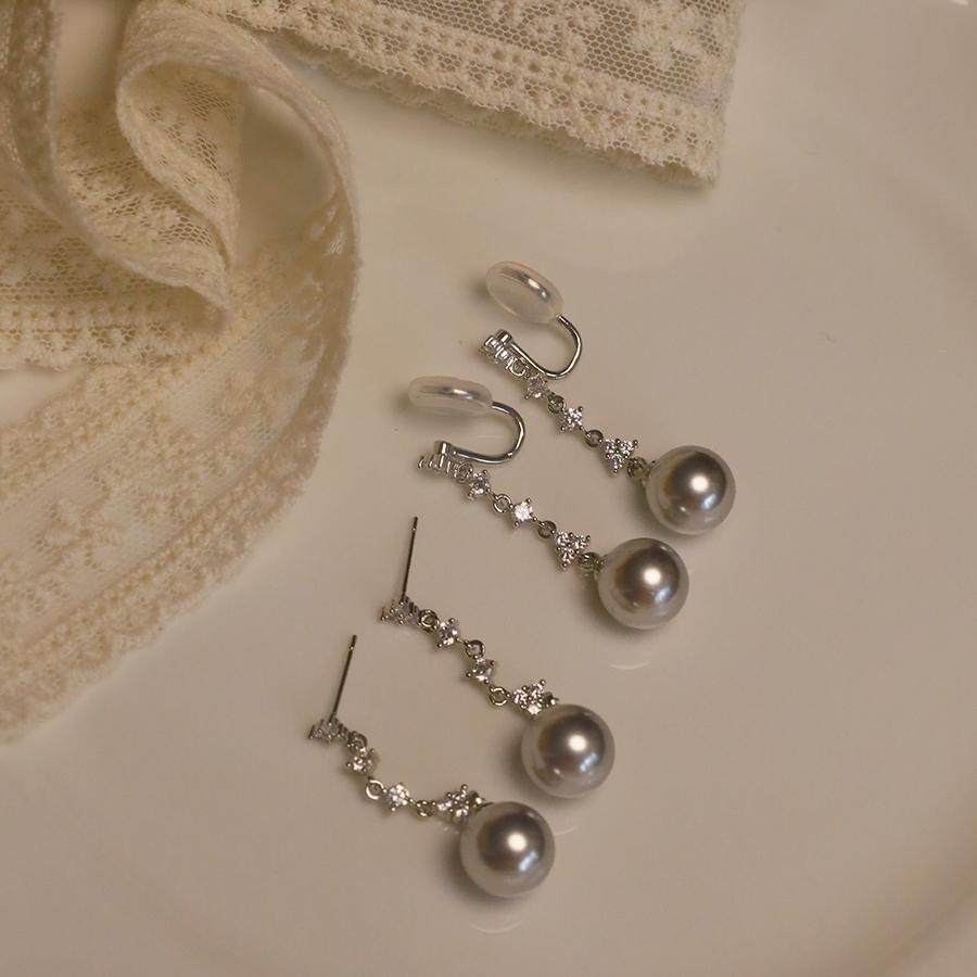 法式长款正圆珍珠耳饰长款流苏蚊香盘耳夹女无耳洞方圆脸耳钉