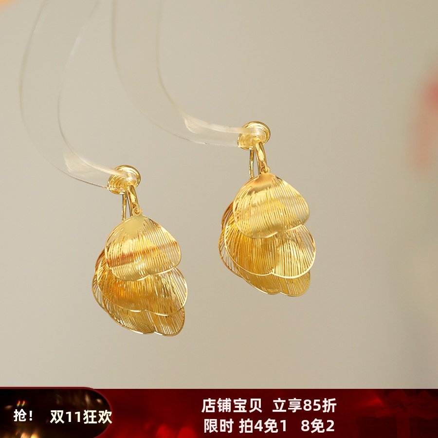 观雾眠新款镂空叶片流苏耳扣耳夹气质夸张女神风耳坠复古时尚耳饰