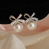 法式 白珍珠耳夹 蝴蝶结耳饰优雅贵气纯欲风少女感耳钉千金感