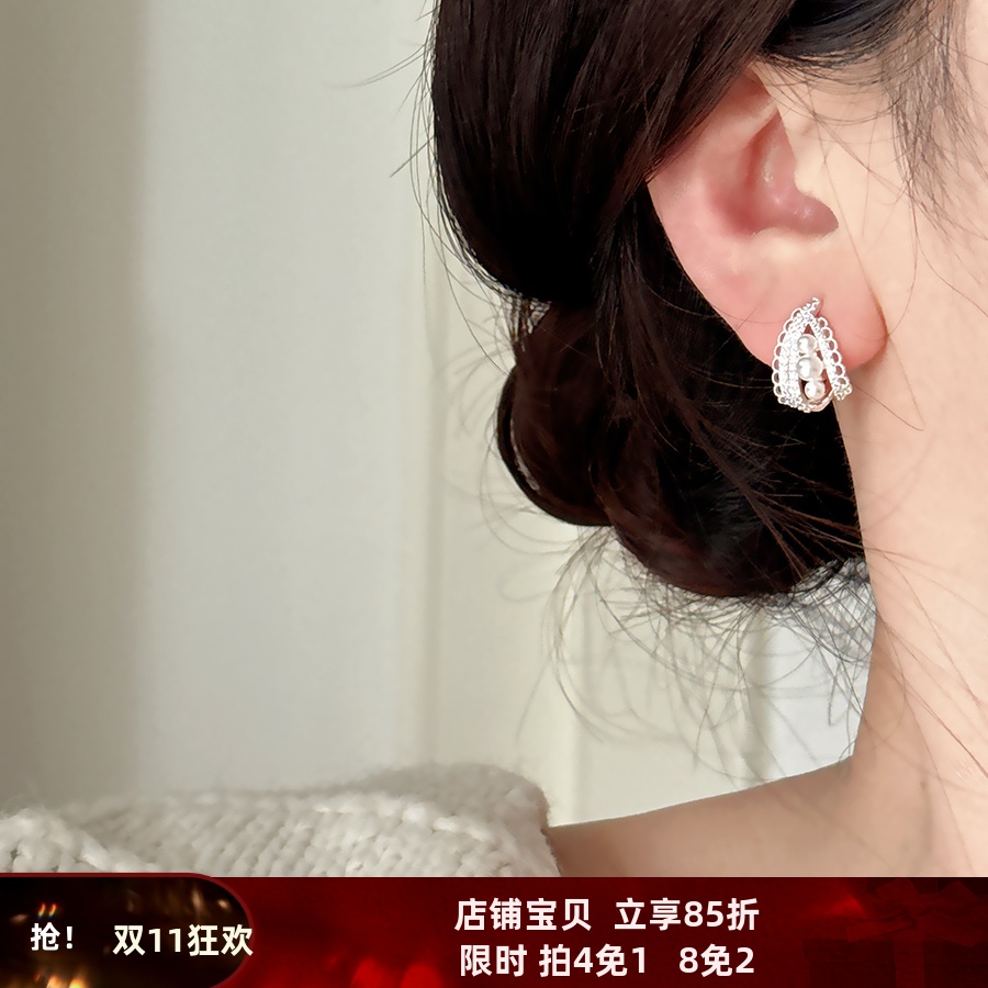 法式蕾丝边优雅气质花边镂空银色金属珍珠蚊香盘耳夹耳环