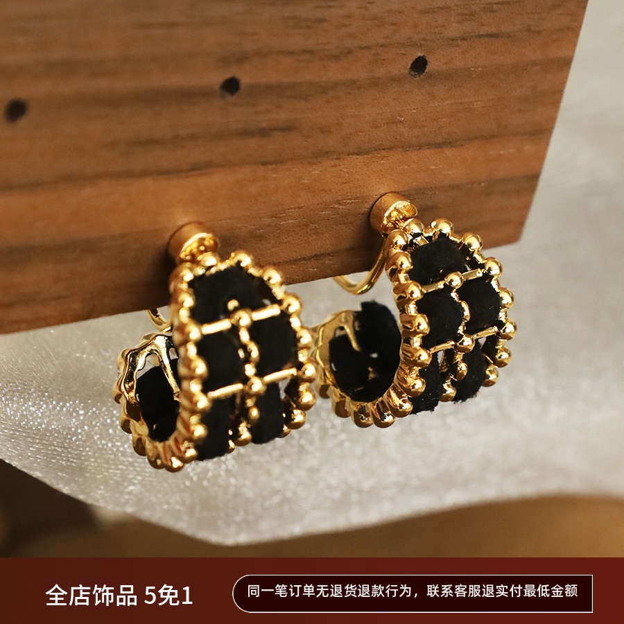 法式复古小香编制耳夹黑色格格耳环女金色珍珠镶嵌耳钉轻奢气质