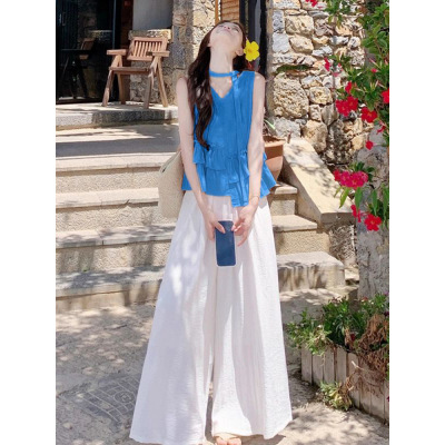 工厂批发克莱因蓝无袖上衣女夏亚麻高级感多巴胺穿搭明媚背心T恤