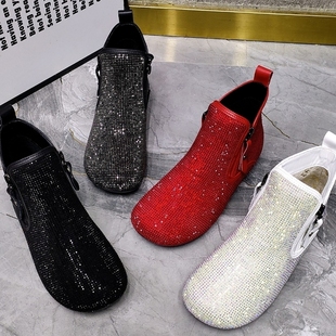 简约水钻双拉链短靴 2024春秋款 奢华软底软面舒适休闲大码 豆豆女鞋