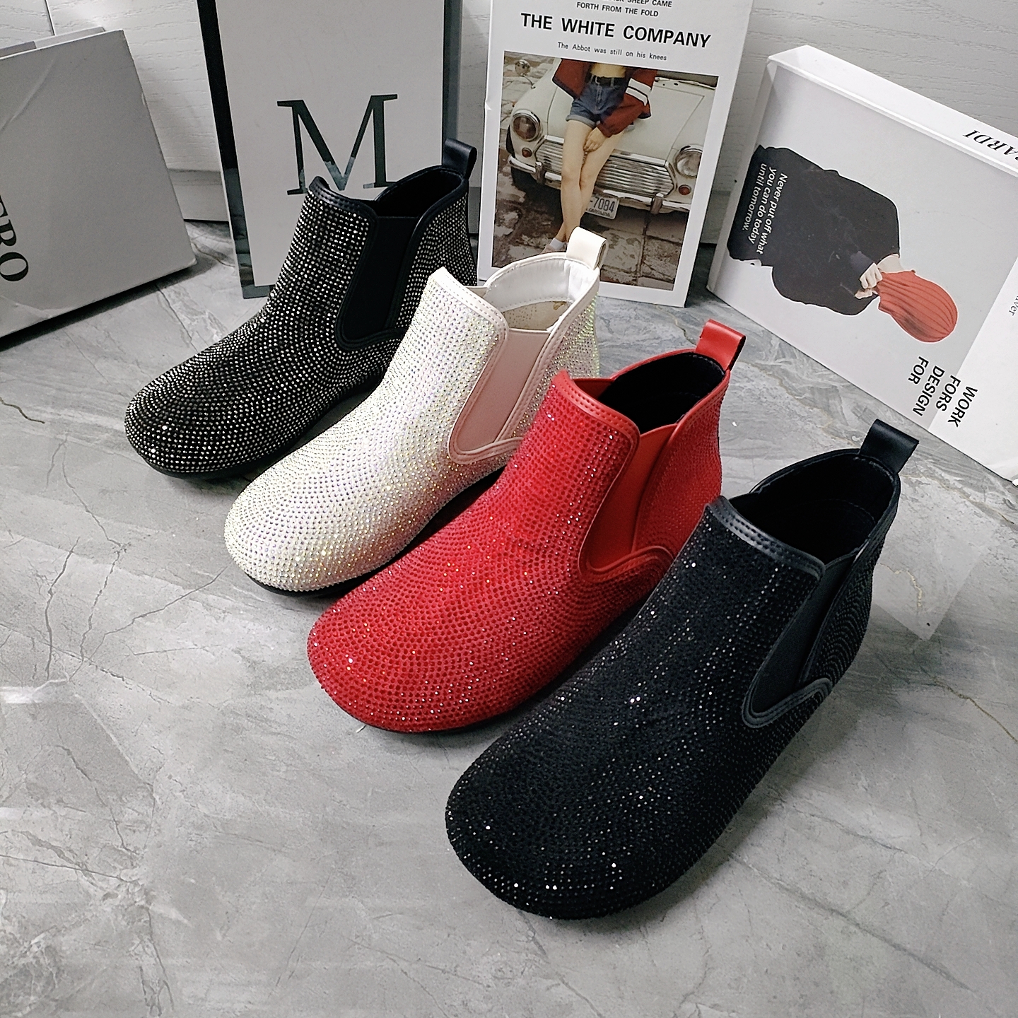 及踝靴布橡胶满钻短靴美丽