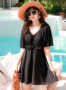 百雅大码泳衣女160斤妈妈纯色大胸连体裙式遮肉时尚温泉度假泳装