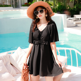 温泉度假泳装 遮肉时尚 泳衣女160斤妈妈纯色大胸连体裙式 百雅大码