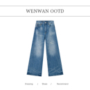 子 WENWAN 拿手好裤 复古美学复古水洗做旧牛仔裤 女宽松直筒长裤