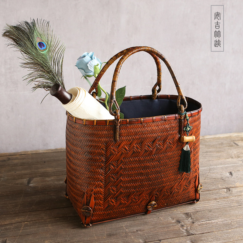 民间手工竹编包手提设计做旧百搭旗袍女包大款茶具收纳整理包拎包