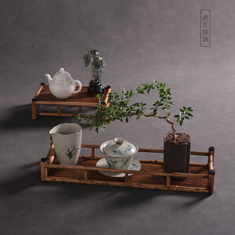 竹外壳贴片杯架茶道两用置物架茶台摆件梅鹿竹小博古架茶壶展示台