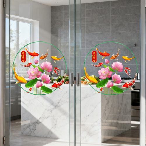 荷花锦鲤中式风水静电贴