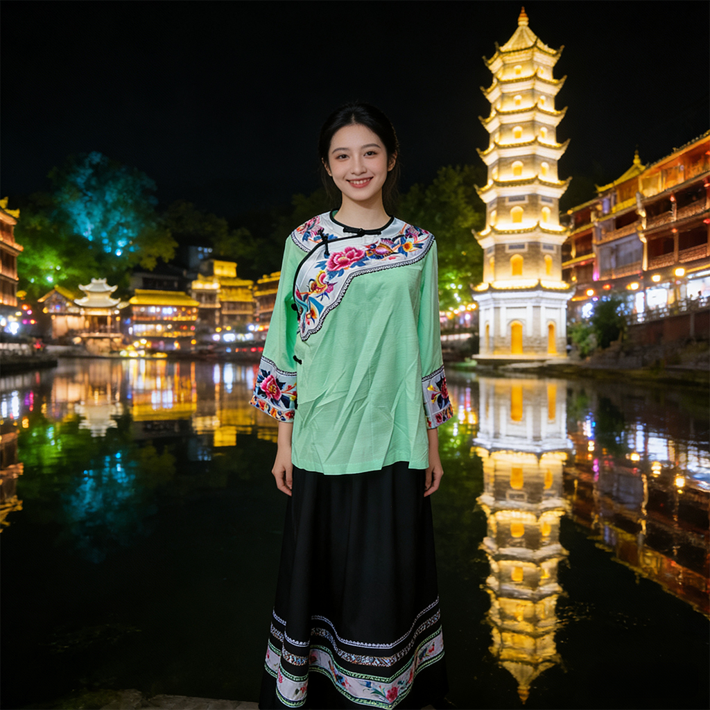 绿色刺绣民族风女舞台演出服