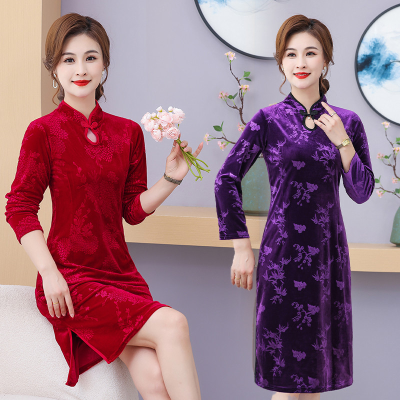中年新款改良时尚旗袍国风丝绒连衣裙长袖妈妈显瘦女装复古裙子