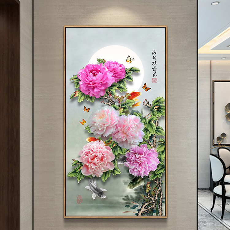 5d钻石画2024年新款满钻客厅竖版点贴钻玄关画花开月圆十字绣