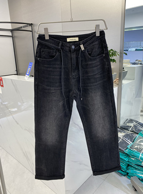 欧货ckly66067秋季高腰抽绳显瘦宽松水洗黑牛仔拖地直筒裤子