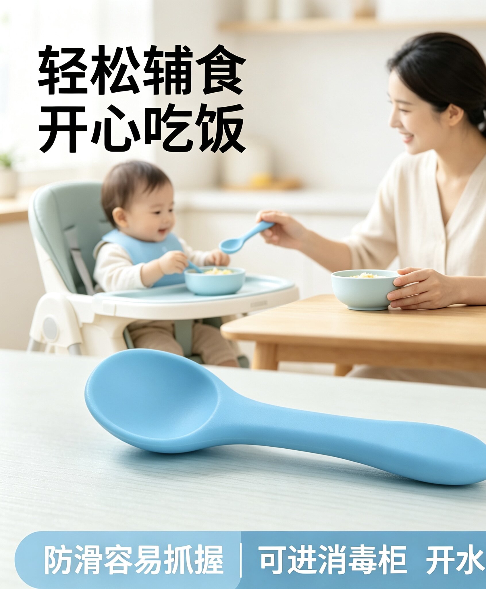 食品级硅胶辅食勺婴儿童餐具学吃饭勺子防滑柔软无噪音可高温消毒
