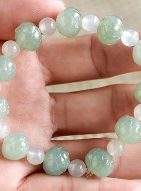 石之富缅甸天然翡翠A货冰种莲花手链手串28.53克