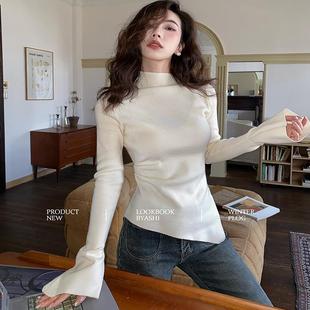 甜辣妹侧开叉抽绳针织衫长袖半高领毛衣女秋冬显瘦喇叭袖别致上衣
