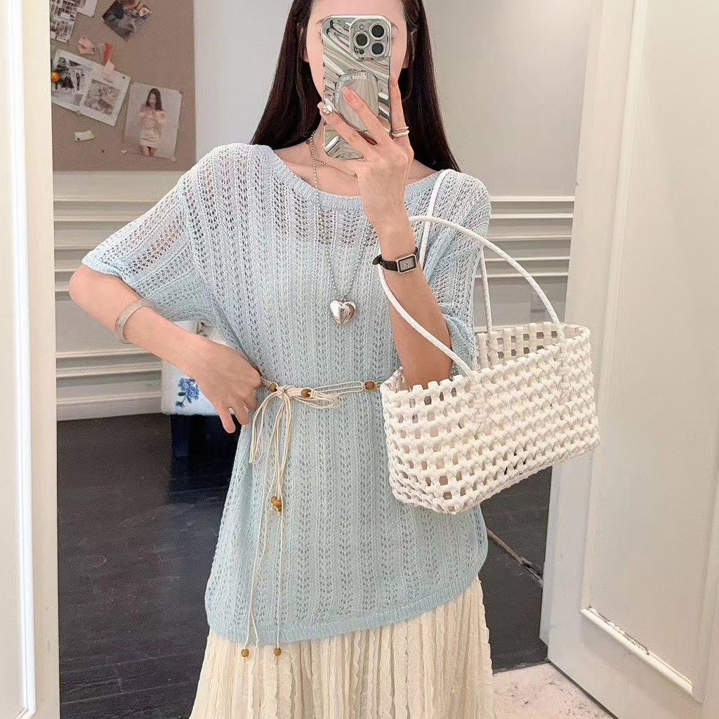夏季新款镂空薄款短袖针织衫女中长款罩衫收腰系带宽松防晒衫上衣