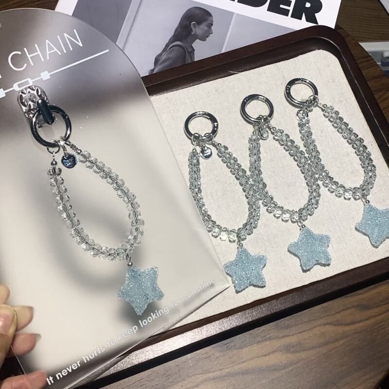 原创高级感粉色蓝色星星水晶串珠手机链甜美挂件钥匙扣挂绳链女款
