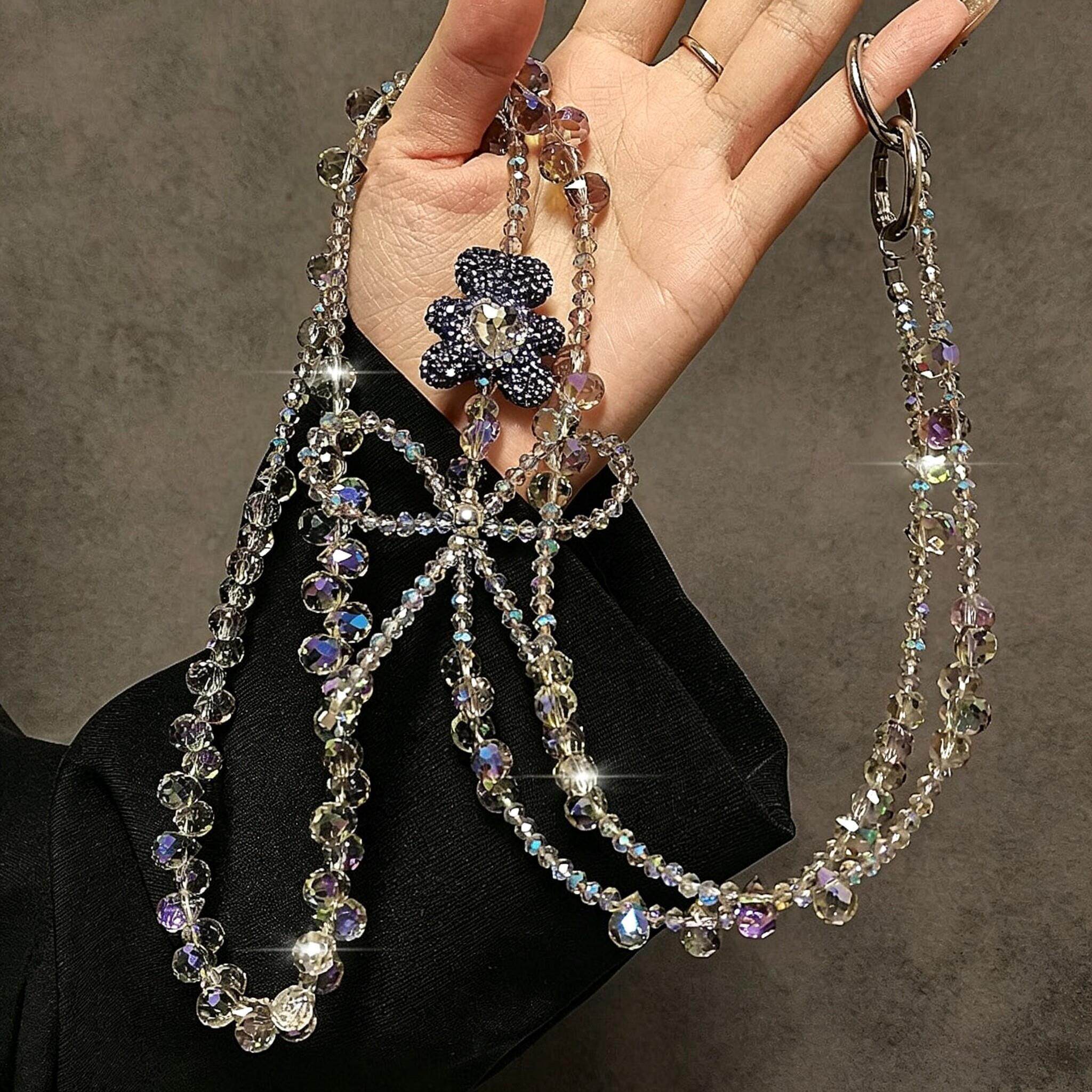 奢华高级感紫钻熊水晶串珠长斜挎挂绳链条壳包包通用挂件女潮