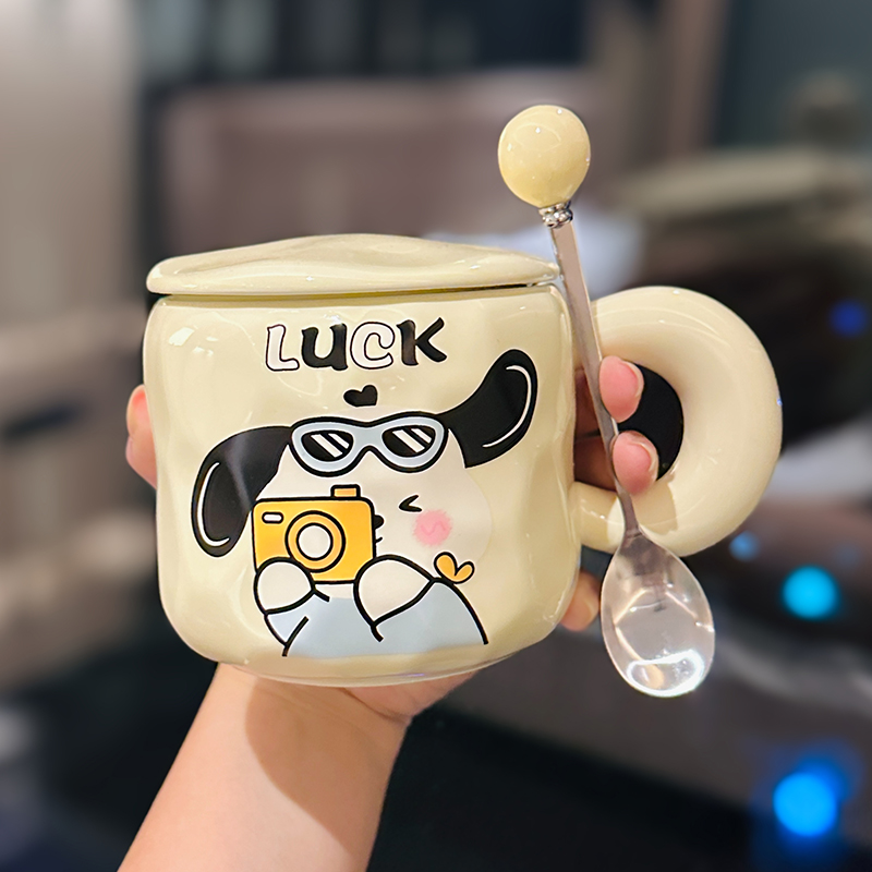 可爱大耳朵小狗水杯少女心ins奶油风陶瓷杯子带盖勺送闺蜜马克杯