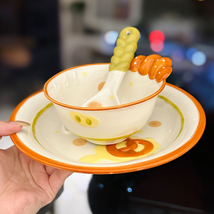 奶油风餐具陶瓷饭碗吐司盘家用釉下彩高级感可爱早餐碗盘调羹套装