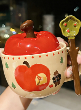 可爱杯子苹果陶瓷水杯带盖女生闺蜜高颜值马克杯实用生日新年礼物