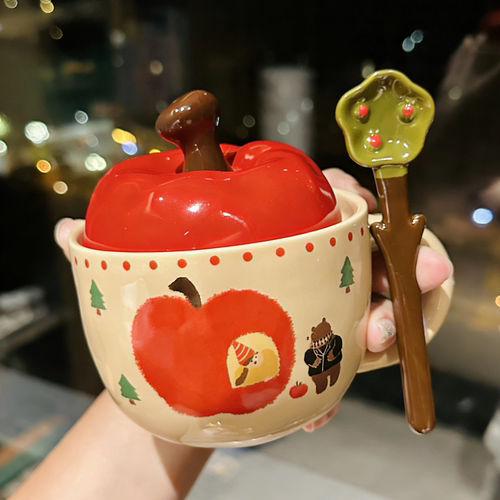 高颜值苹果陶瓷带盖马克杯礼物