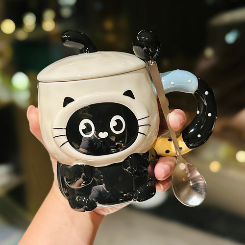 可爱卡通小猫陶瓷马克杯带盖勺女生办公室咖啡杯实用水杯生日礼物