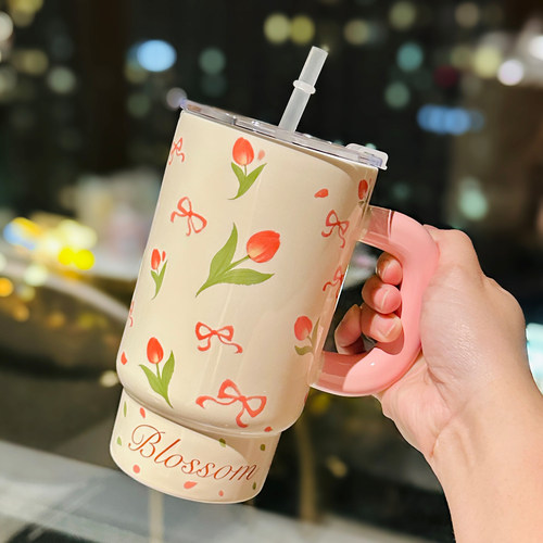 大容量陶瓷花朵马克杯带盖吸管