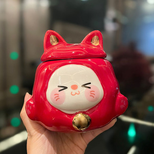 2025新年礼物招财猫马克杯高颜值女生陶瓷杯子带盖可爱家用早餐杯