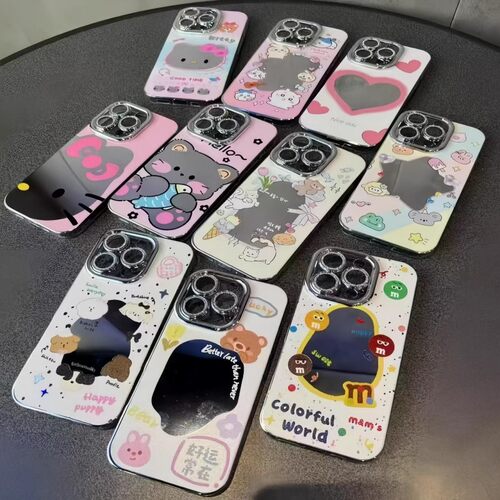 适用苹果16/15/14PROMAX/13闪粉iPhone12全包11防摔精孔羽纱彩绘卡通美妆镜自带镜头膜保护套手机壳批发