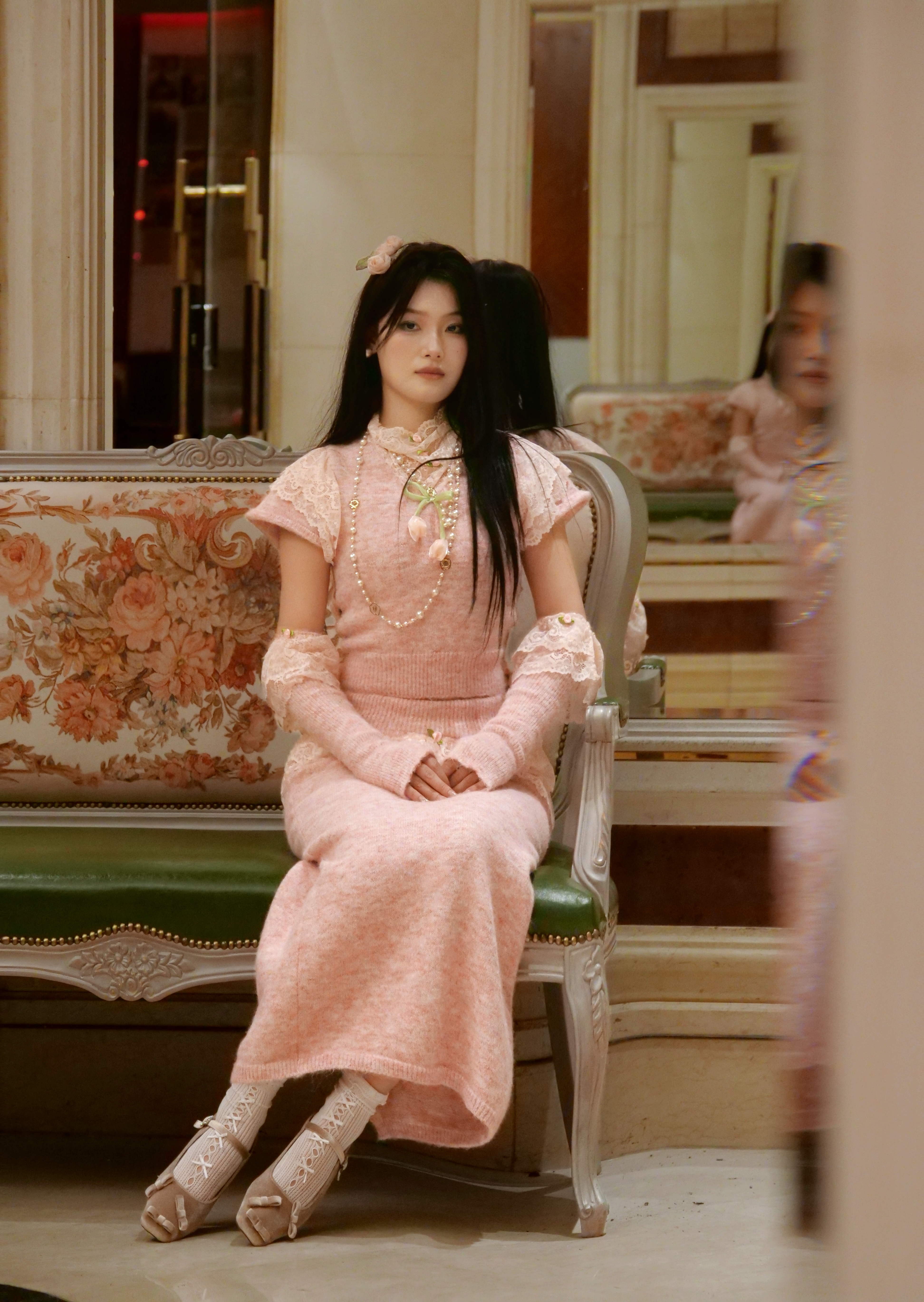 仙子家东上新粉色毛衣蕾丝花边甜心套装环保皮草外套保暖时尚可爱