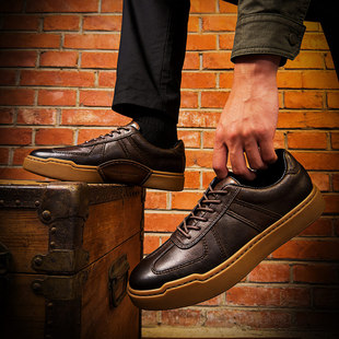 复古咖色牛皮生胶底板鞋男头层真皮休闲鞋男士潮流百搭皮鞋平底鞋