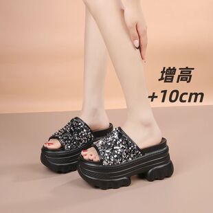 2026新款厚底增高10厘米凉拖鞋女夏小个子外穿女士网红一字松糕底