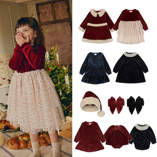 ins风2023秋冬KS圣诞系列儿童气质花边丝绒长袖 公主裙女童连衣裙