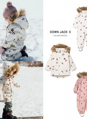 ins款秋冬Ku系列童装男女儿童圆点樱桃连帽防风服加厚防水滑雪服