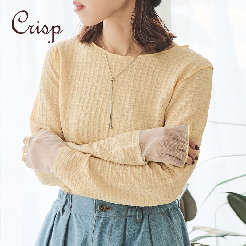CRISP日系穿搭肌理感内搭打底衫女网纱拼接袖正肩t恤2025春季新款