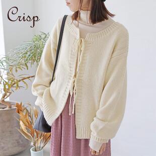 CRISP日系穿搭系带针织衫简约纯色圆领开衫毛衣外套2024秋冬新款