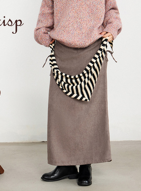 CRISP日系穿搭绒感抽褶半身裙长款灰色后开叉直筒裙2024秋冬新款