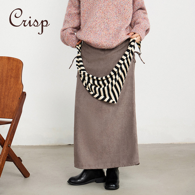 CRISP日系穿搭绒感抽褶半身裙长款灰色后开叉直筒裙2024秋冬新款